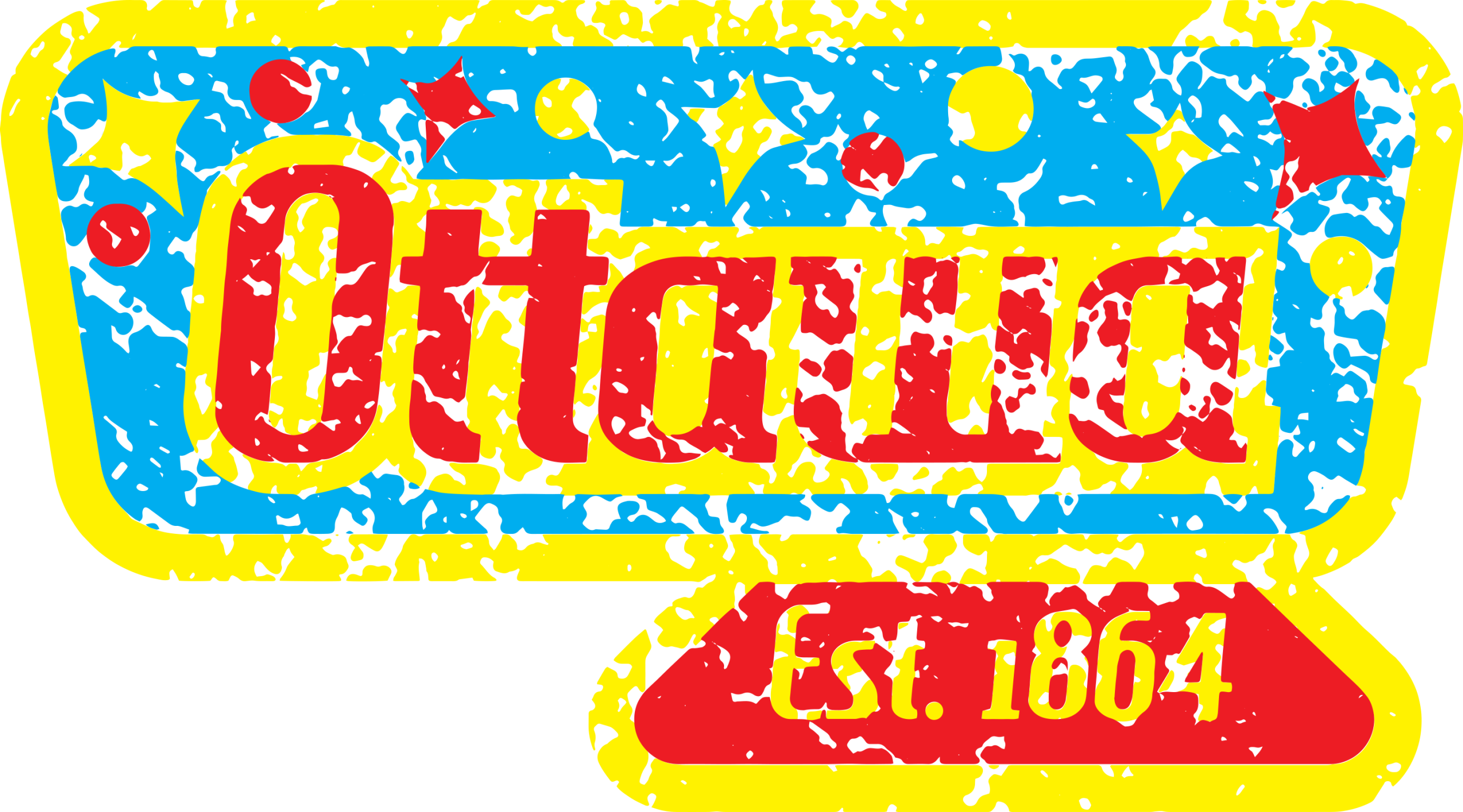 Features a fake logo for the town Ottawa with Ottawa being in red and yellow and being inside of a blue rectangle thats being surrounded by red and yellow stars and circles. In the bottom right hand corner has a red trapezoid with a yellow border that has Est.1864 inside