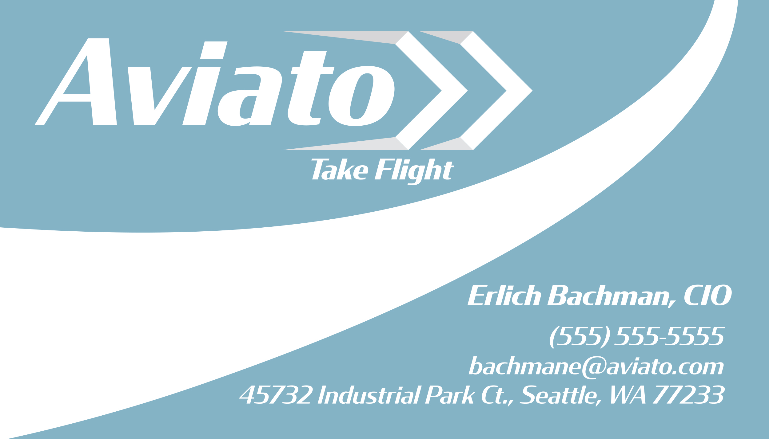 A sky blue background with a white, curved, line going towards the top right corner. In the left corner, says the name Aviato with two white triangles next to it. Underneath says: "Take Flight". In the bottom left corner, has Erlich Bachman, CIO in bold then underneath is Erlich's Contact information.