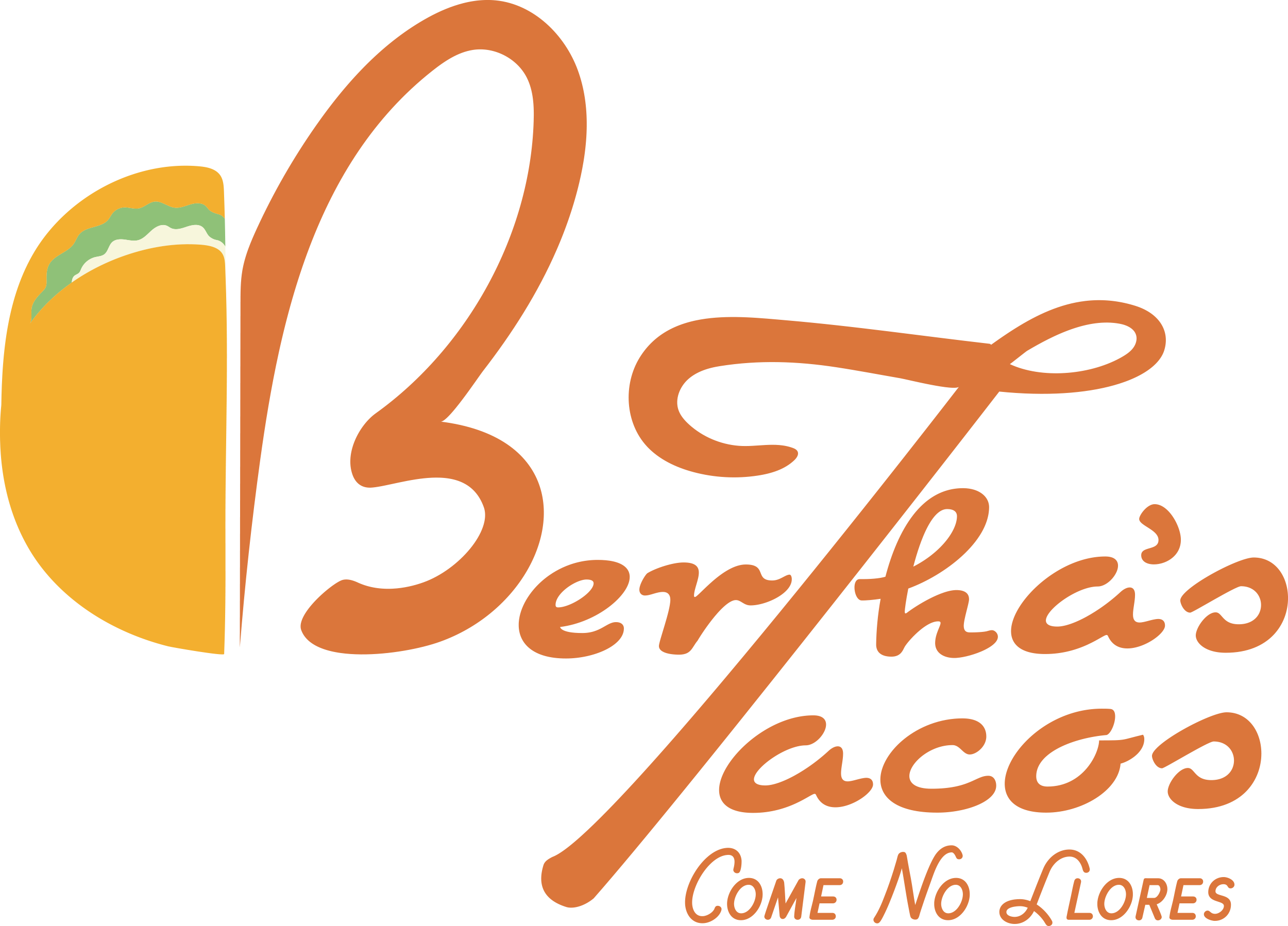 An orange logo for Bertha's Tacos, the text is cursive and it has a taco next to the B