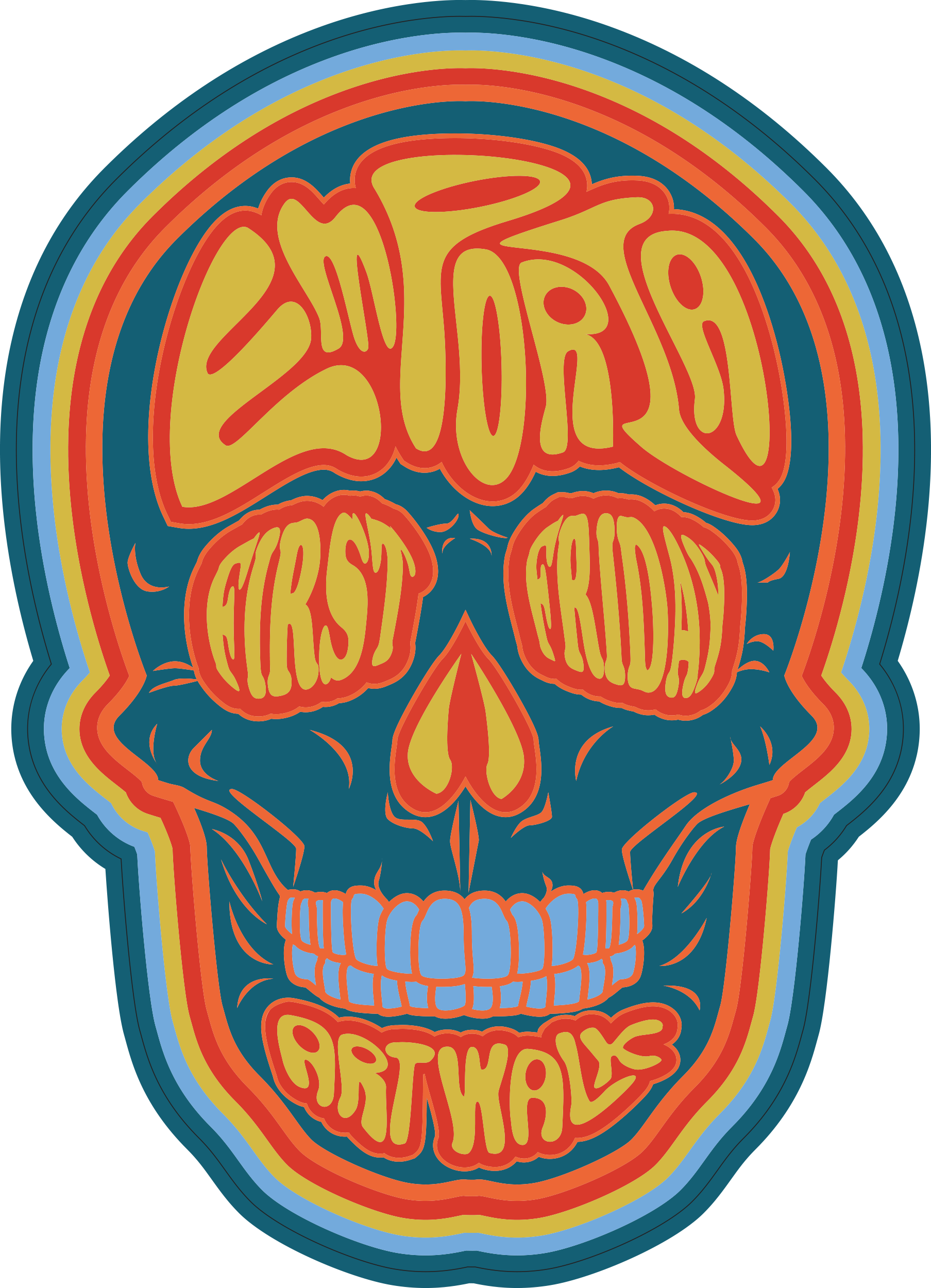A navy blue skull with orange, red, and green accents. Emporia is in green and is on the forehead with a red and orange border. First and Friday are also green and have red and orange borders, and they make up the eye sockets. Artwalk is in green with red and orange borders and is on the chin. The Skull has five colors around it, orange, red, green, light blue, and navy blue