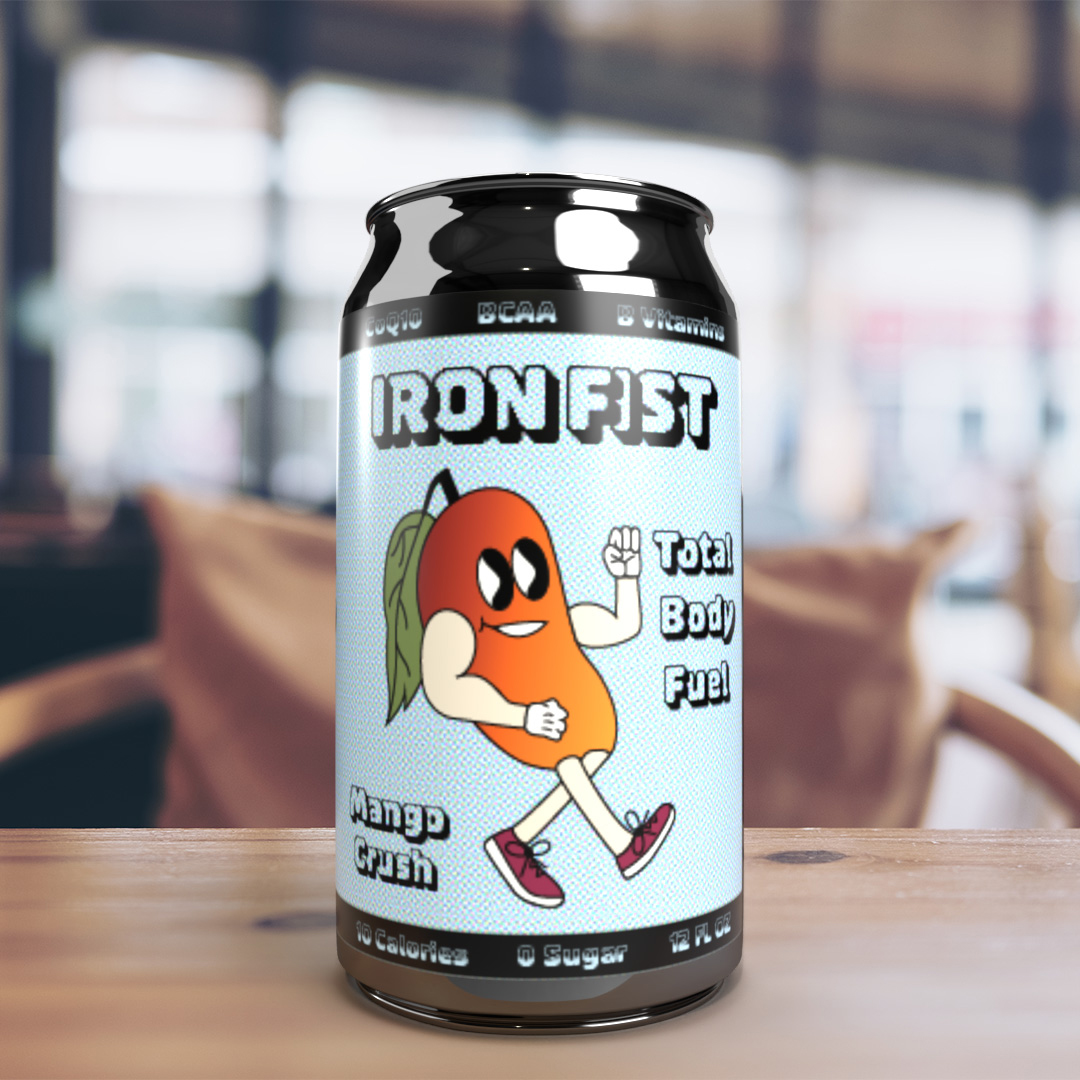 A can that says Iron Fist and has mango logo in the middle