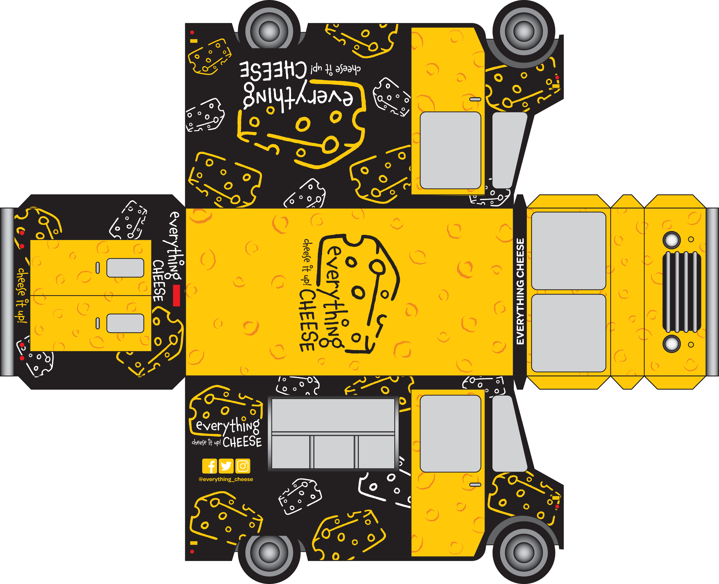 A Wrap plan for a paper food truck, it has cheese designs around the truck. And the Everything Cheese logo around it