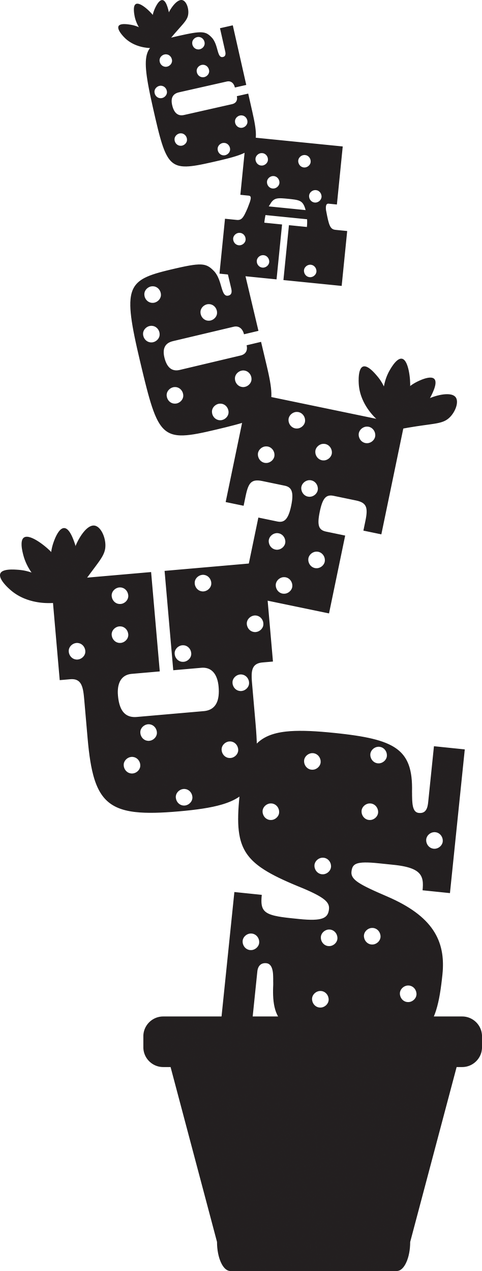 The word Cactus in black with small, white, spots in the inside. The letters are slowly getting bigger as it goes down. The letters C,T, and U has a black flower blossom on it. Right underneath the S is a black flowerpot.